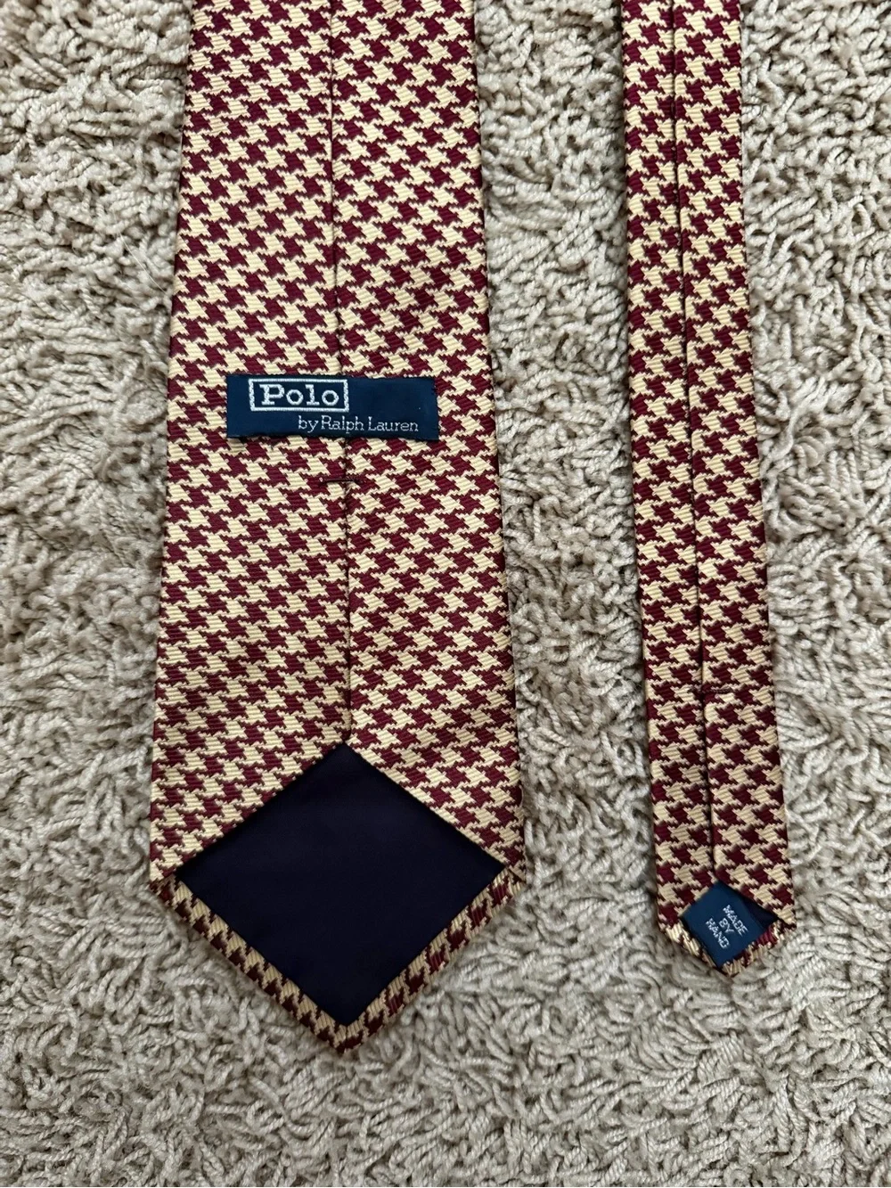 Vintage Polo Ralph Lauren Houndstooth Pattern Burgundy Beige 100% Silk Tie 4x57